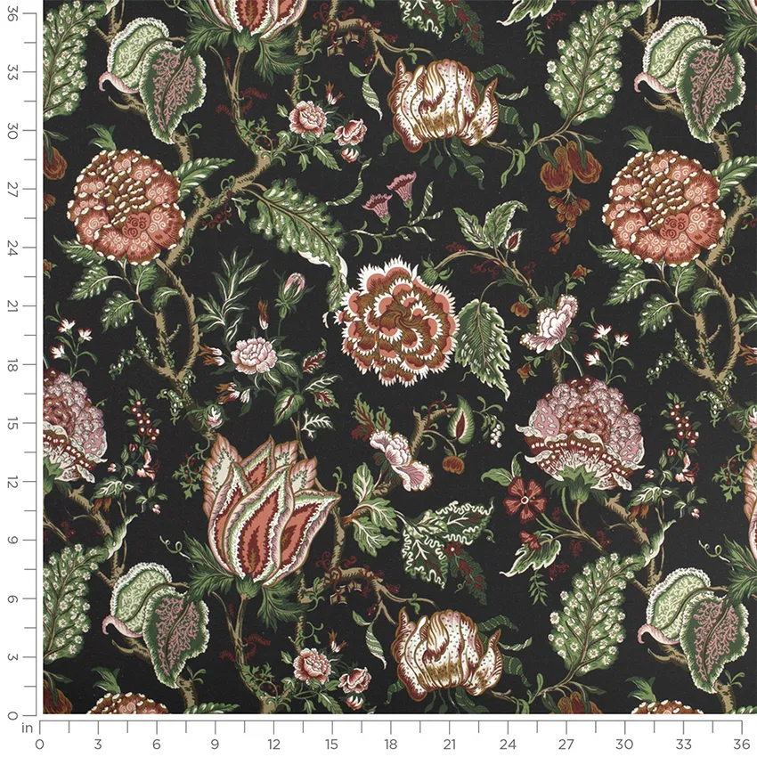 Everly Noir Black and Pink Floral Prints Drapery and Upholstery Fabric by the Yard — Scale in inches