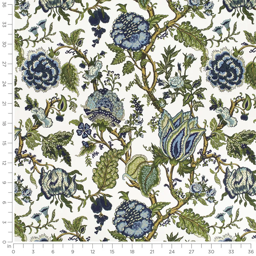 Everly Delft Blue Floral Prints Drapery and Upholstery Fabric by the Yard — Scale in inches