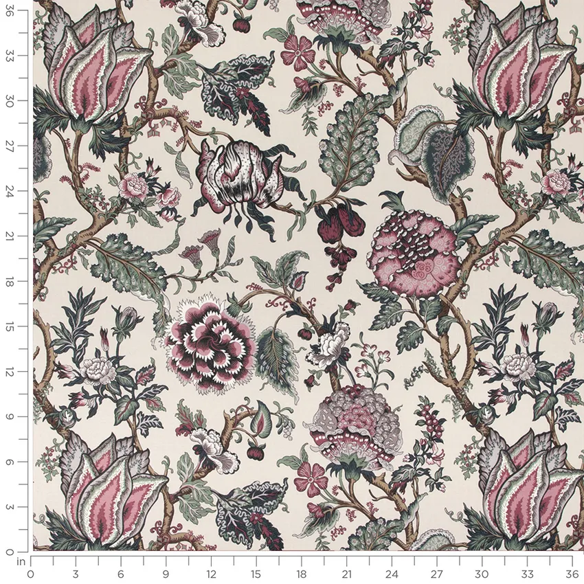 Everly Azalea Purple Floral Prints Drapery and Upholstery Fabric by the Yard — Scale in inches
