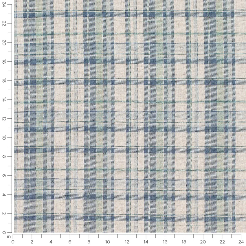 Felicia Lagoon Blue Plaid Linen & Linen Looks Drapery and Upholstery Fabric by the Yard — Scale in inches