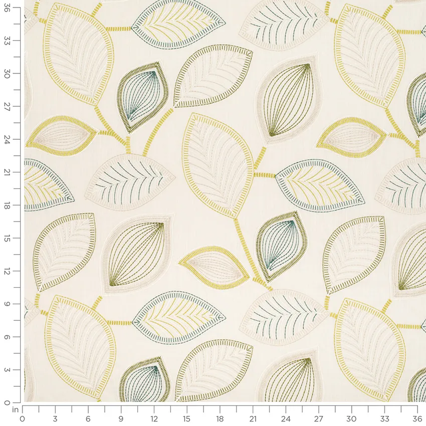 Fernando Lime Green Leaves Embroidery Drapery and Upholstery Fabric by the Yard — Scale in inches