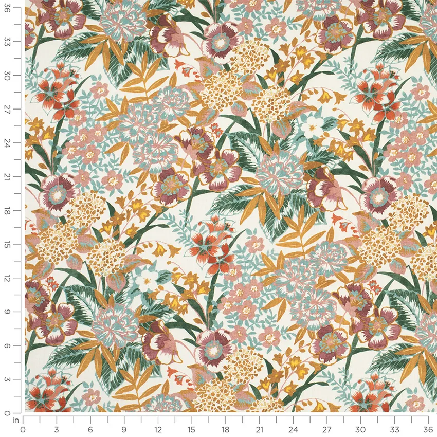 Flora Summer Gold & Yellow and Green Floral Prints Drapery and Upholstery Fabric by the Yard — Scale in inches