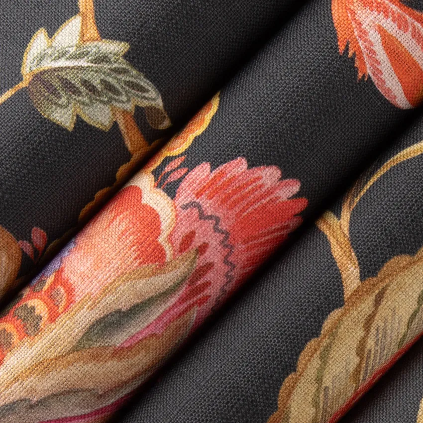 Florence Raven Black and Coral & Peach Floral Linen & Linen Looks Drapery and Upholstery Fabric by the Yard — Upholstery and Drapery Fabric
