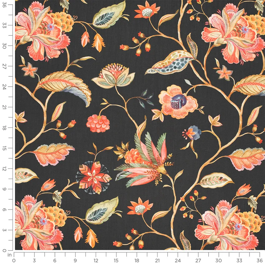 Florence Raven Black and Coral & Peach Floral Linen & Linen Looks Drapery and Upholstery Fabric by the Yard — Scale in inches