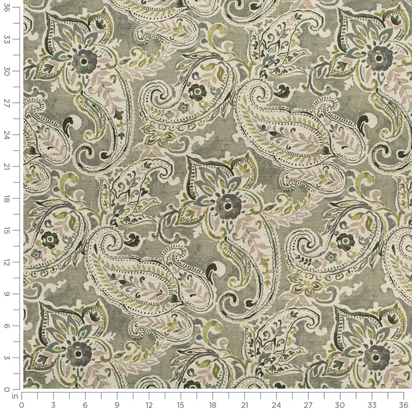 Geneva Willow Green Paisley Prints Upholstery Fabric by the Yard — Scale in inches