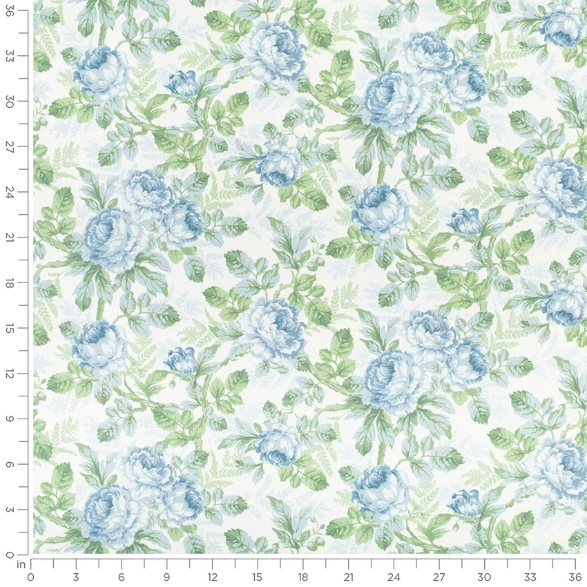 Genevieve Stream Blue Floral Prints Drapery and Upholstery Fabric by the Yard — Scale in inches