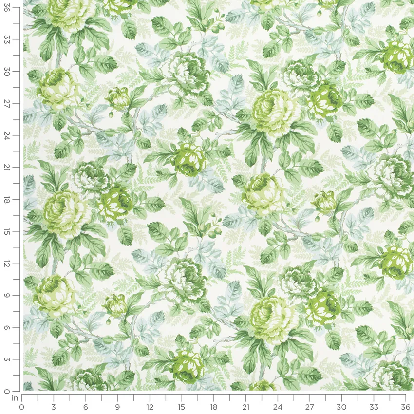 Genevieve Meadow Green Floral Prints Drapery and Upholstery Fabric by the Yard — Scale in inches