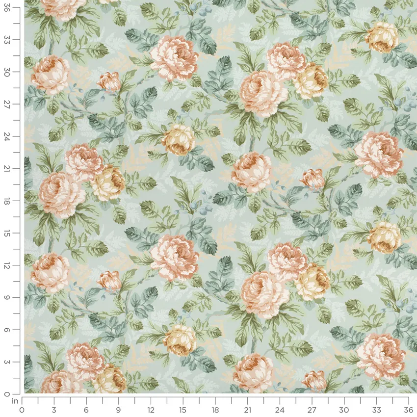 Genevieve French Blue Floral Prints Drapery and Upholstery Fabric by the Yard — Scale in inches