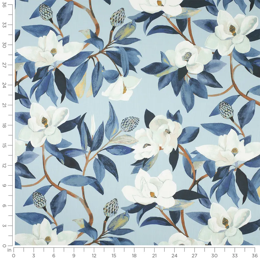 Jeanette Blueridge Blue Floral Linen & Linen Looks Drapery and Upholstery Fabric by the Yard — Scale in inches