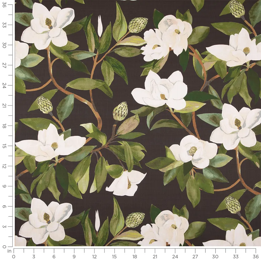 Jeanette Blackbird Black Floral Linen & Linen Looks Drapery and Upholstery Fabric by the Yard — Scale in inches