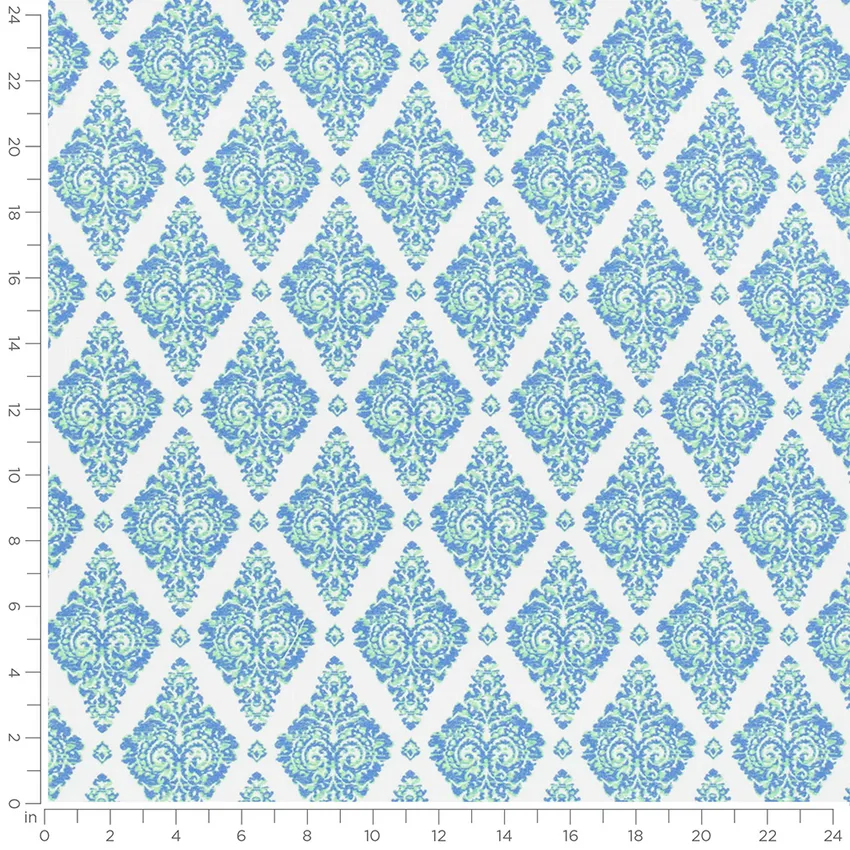 Josephine Lagoon Blue Damask Prints Drapery and Upholstery Fabric by the Yard — Scale in inches