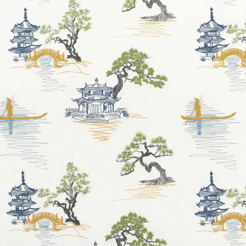 Journey Spring Blue Global Embroidery Drapery and Upholstery Fabric by the Yard
