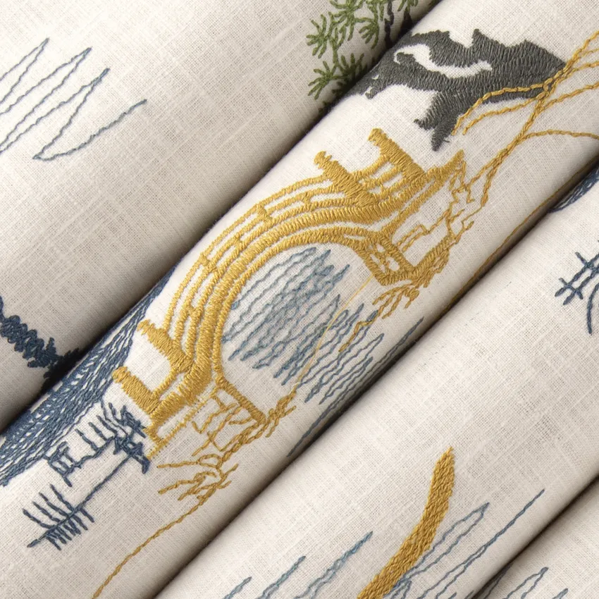 Journey Spring Blue Global Embroidery Drapery and Upholstery Fabric by the Yard — Upholstery and Drapery Fabric