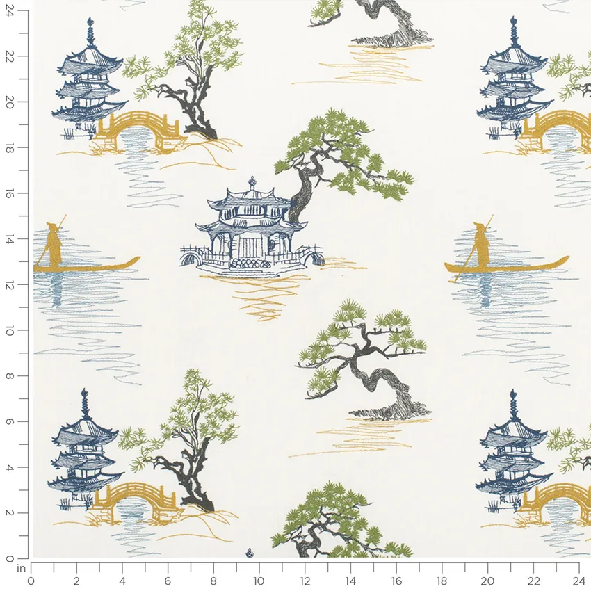 Journey Spring Blue Global Embroidery Drapery and Upholstery Fabric by the Yard — Scale in inches