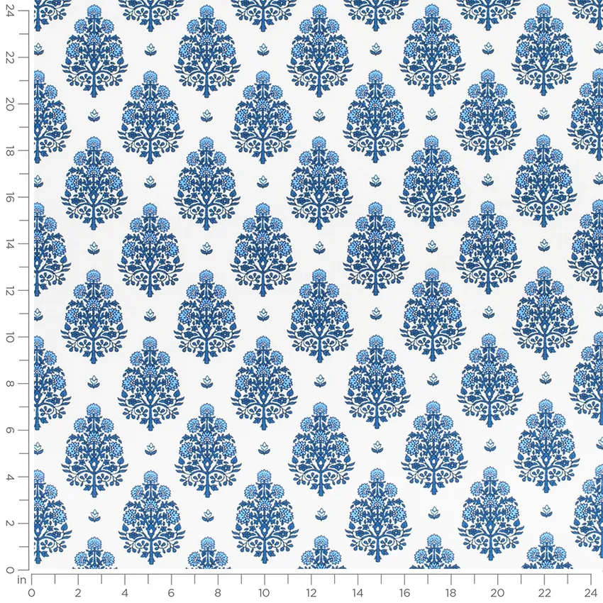 Julia Delft Blue Floral Prints Drapery and Upholstery Fabric by the Yard — Scale in inches