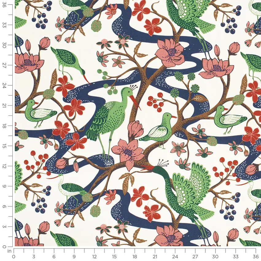 Madeline Jewel Blue and Coral & Peach Abstract & Geometric Prints Drapery and Upholstery Fabric by the Yard — Scale in inches