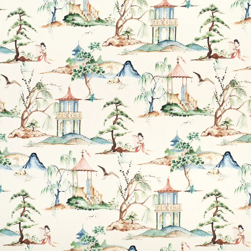 Mindy Garden Blue and Green Global Prints Drapery and Upholstery Fabric by the Yard
