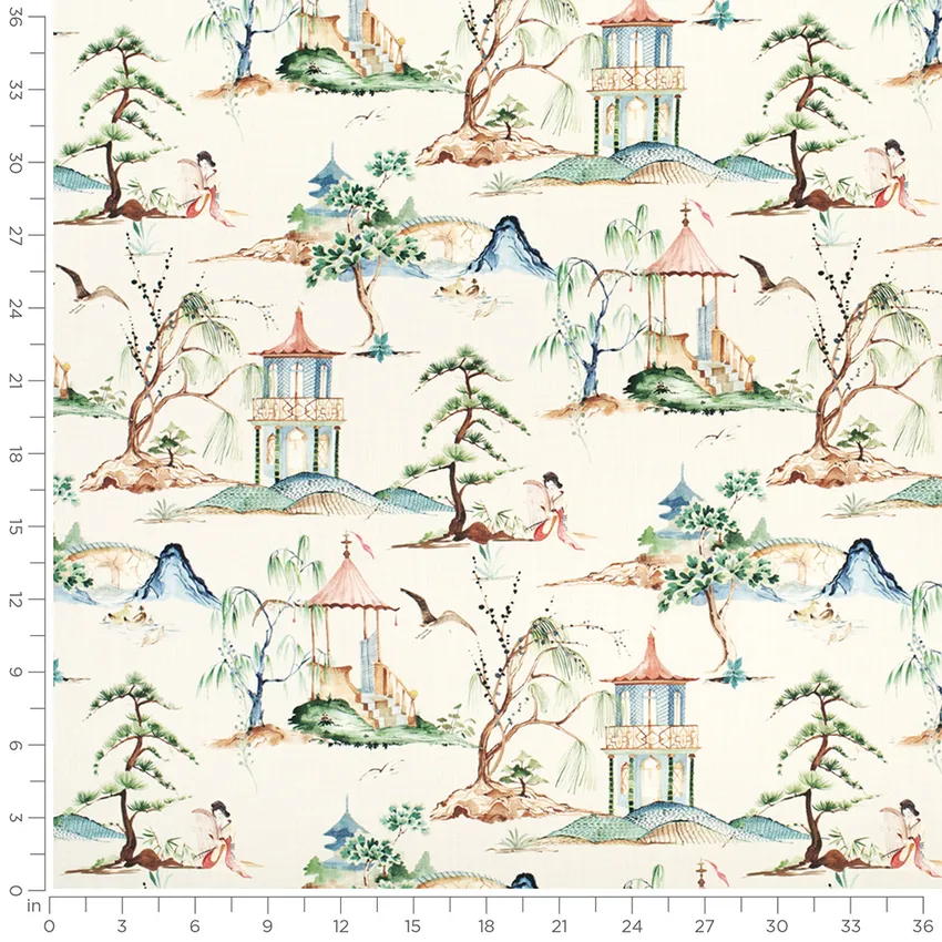 Mindy Garden Blue and Green Global Prints Drapery and Upholstery Fabric by the Yard — Scale in inches