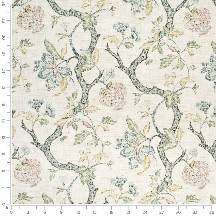 Mimi Herbal Green Floral Prints Drapery and Upholstery Fabric by the Yard — Scale in inches