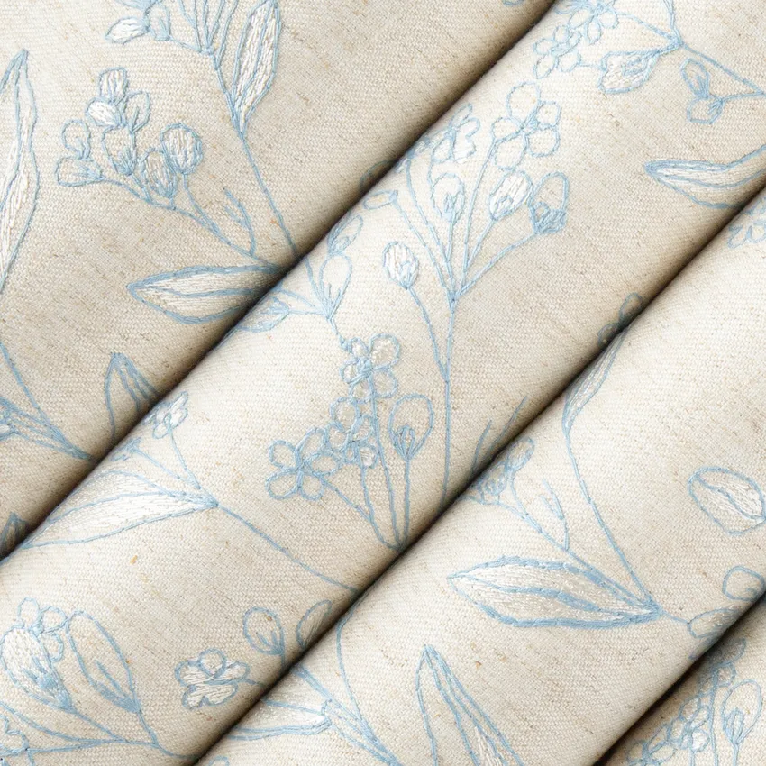 Olivia Chambray Blue Floral Embroidery Drapery Fabric by the Yard — Drapery Fabric