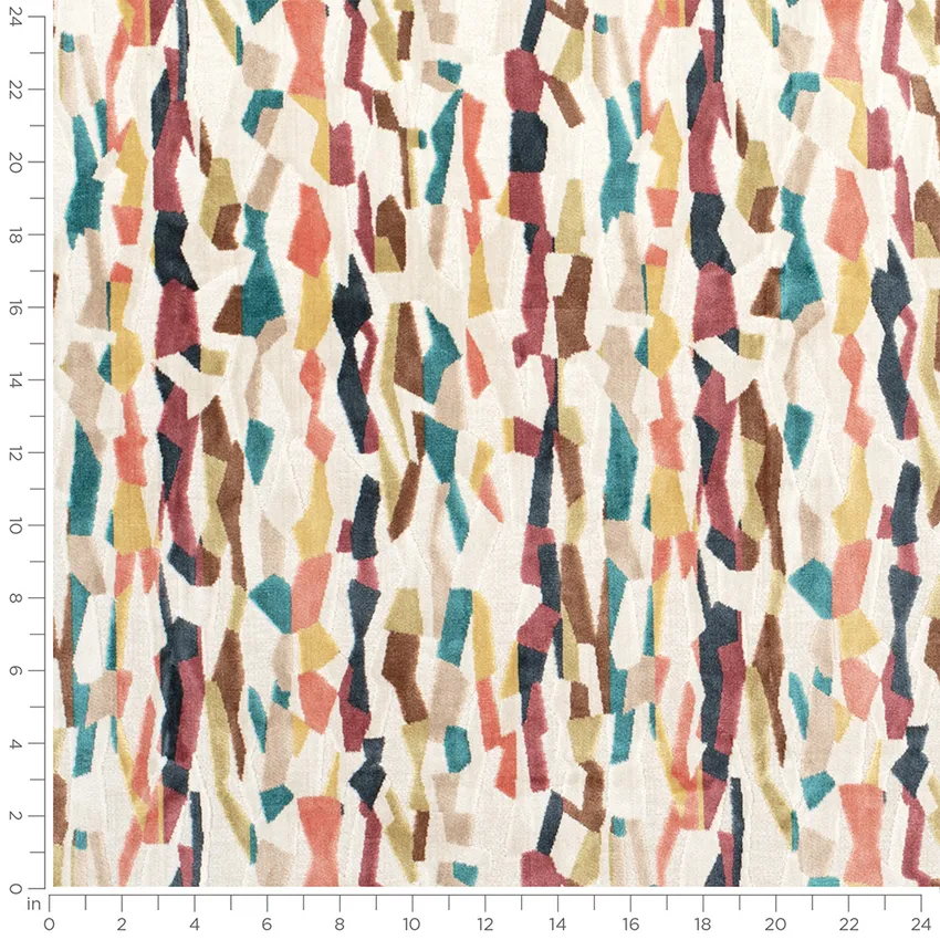 Pippin Mosaic Aqua & Teal and Pink Abstract & Geometric Velvet Upholstery Fabric by the Yard — Scale in inches