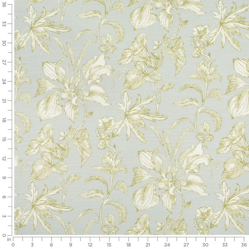 Priscilla Lagoon Green Floral Prints Drapery and Upholstery Fabric by the Yard — Scale in inches