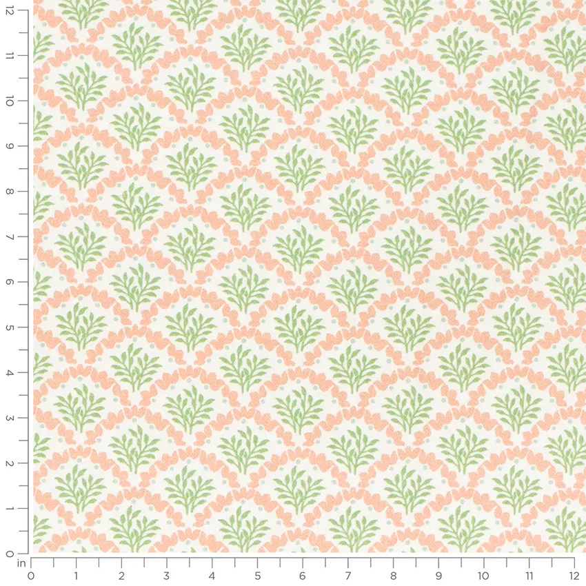 Ramona Guava Coral & Peach Leaves Prints Drapery and Upholstery Fabric by the Yard — Scale in inches