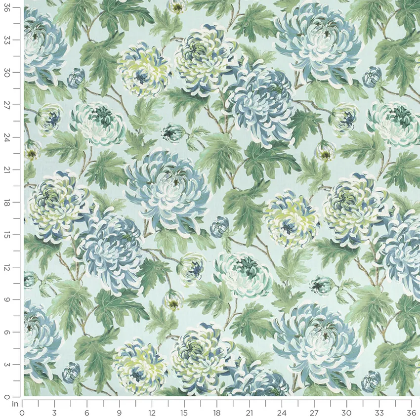 Ranae Wintergreen Green Floral Linen & Linen Looks Drapery and Upholstery Fabric by the Yard — Scale in inches