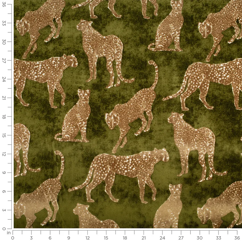 Ravi Jungle Green Global Velvet Upholstery Fabric by the Yard — Scale in inches