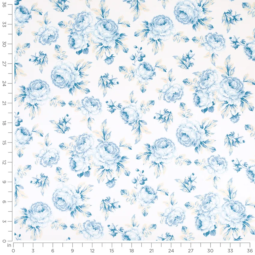 Rosaline Bluebell Blue Floral Prints Drapery and Upholstery Fabric by the Yard — Scale in inches