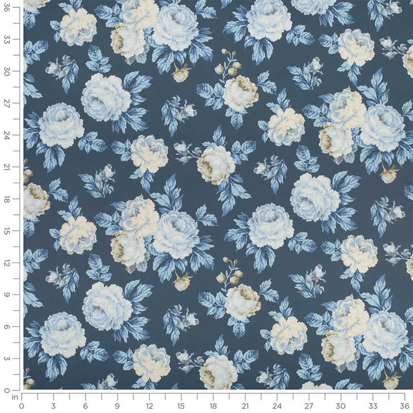 Rosaline Navy Blue Floral Prints Drapery and Upholstery Fabric by the Yard — Scale in inches