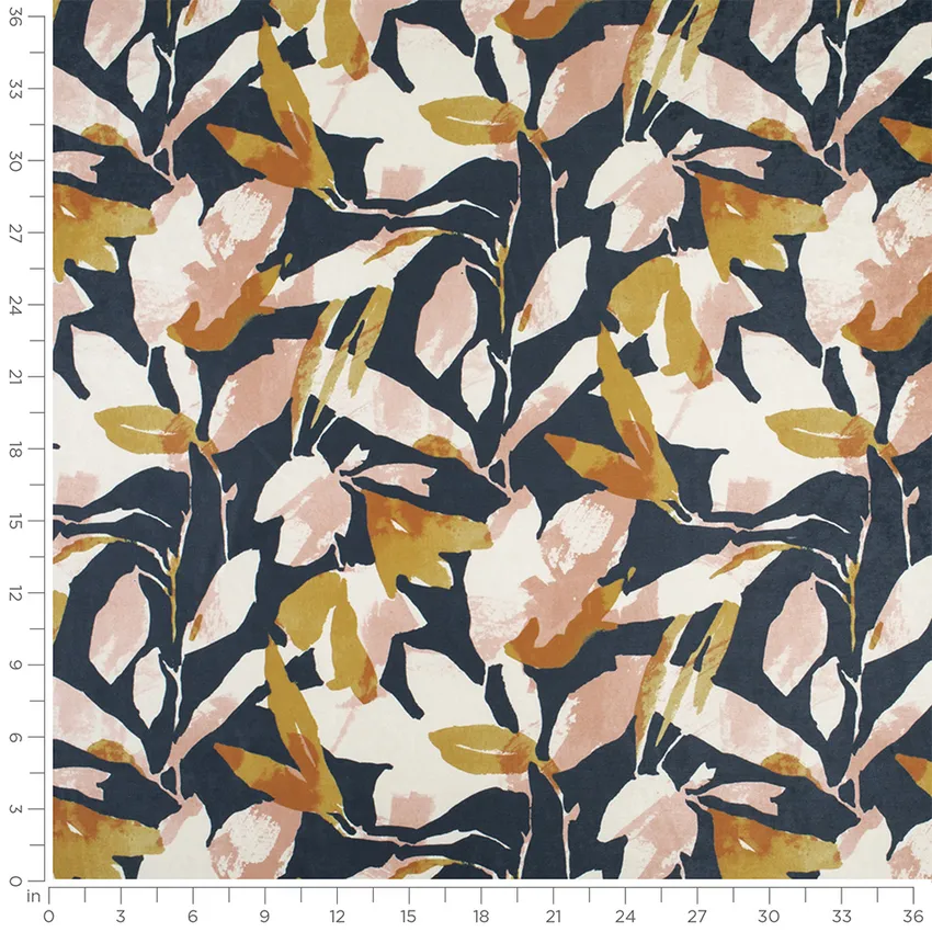 Sophia Indigo Blue and Gold & Yellow Abstract & Geometric Prints Drapery and Upholstery Fabric by the Yard — Scale in inches