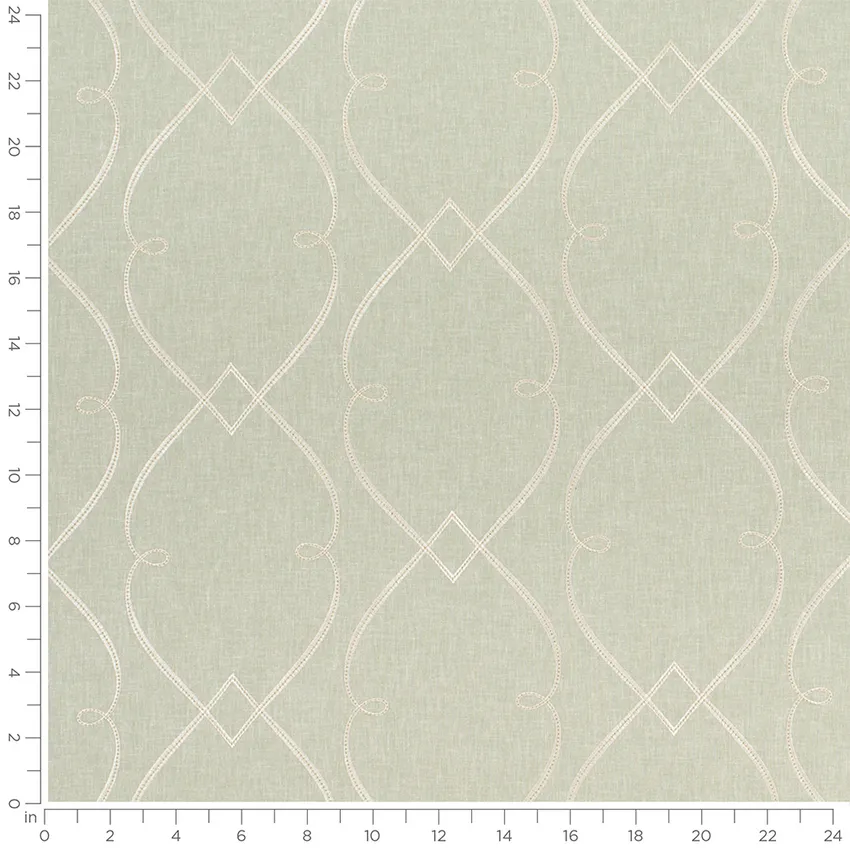 Sybil Celadon Green Abstract & Geometric Embroidery Drapery and Upholstery Fabric by the Yard — Scale in inches