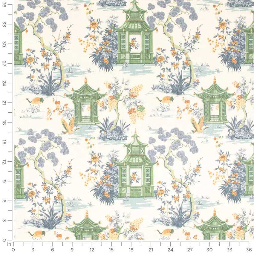 Valerie Blue and Green Global Linen & Linen Looks Drapery and Upholstery Fabric by the Yard — Scale in inches