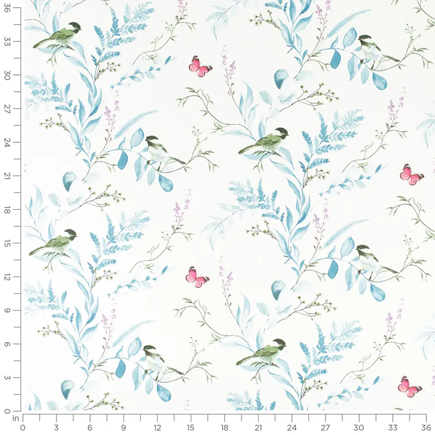 Vanessa Capri Blue Birds Prints Drapery and Upholstery Fabric by the Yard — Scale in inches