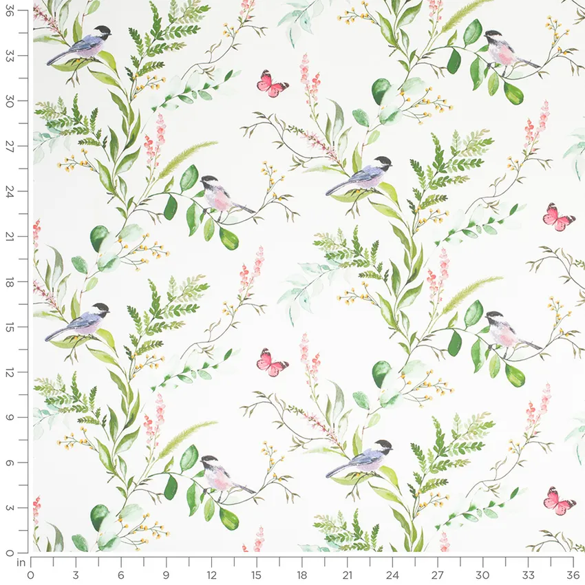 Vanessa Mulberry Green and Pink Birds Prints Drapery and Upholstery Fabric by the Yard — Scale in inches
