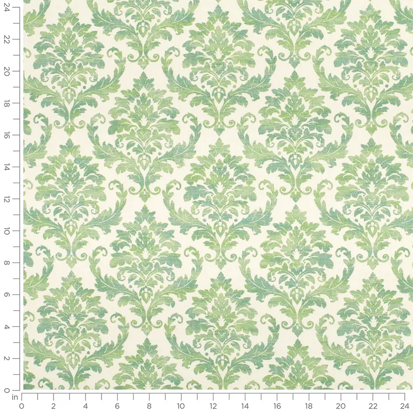 Victoria Jade Green Damask Prints Drapery and Upholstery Fabric by the Yard — Scale in inches