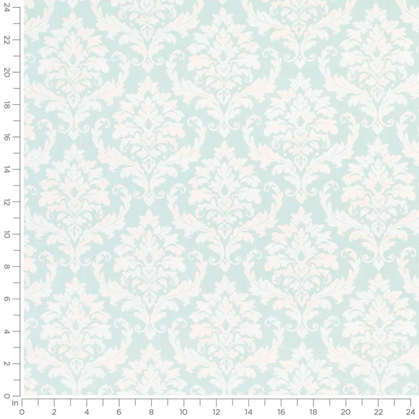 Victoria Seaspray Aqua & Teal Damask Prints Drapery and Upholstery Fabric by the Yard — Scale in inches