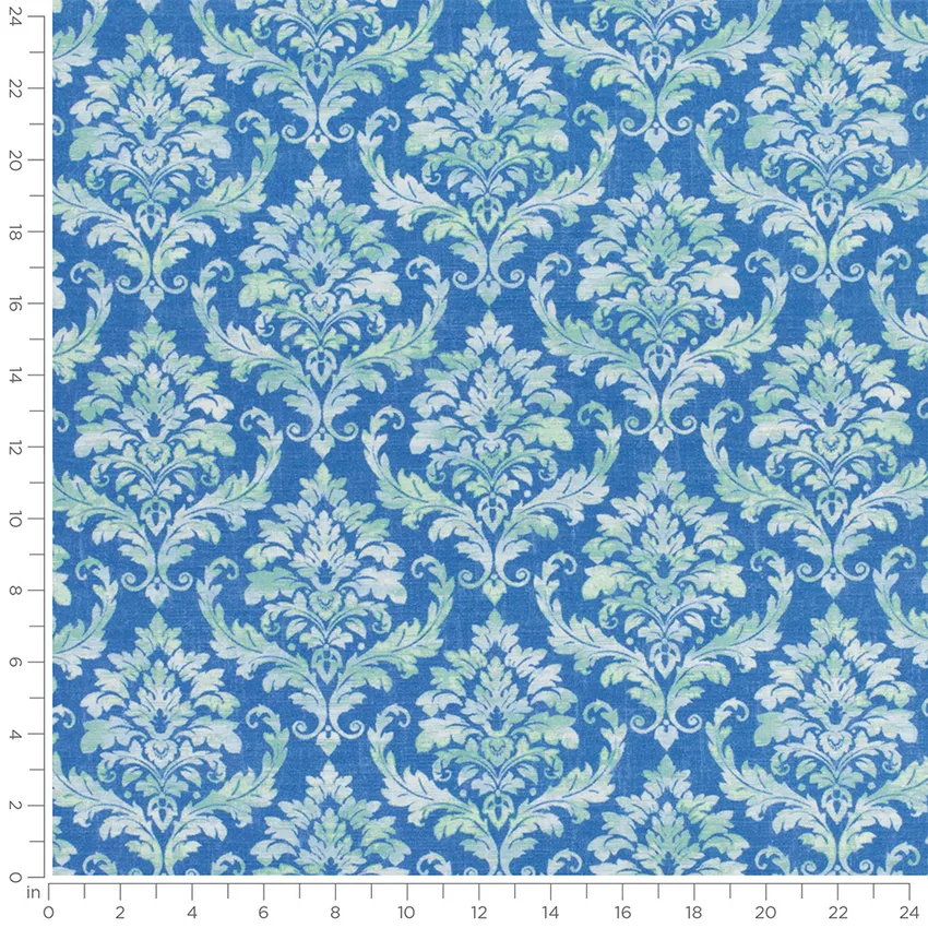 Victoria Cobalt Blue Damask Prints Drapery and Upholstery Fabric by the Yard — Scale in inches