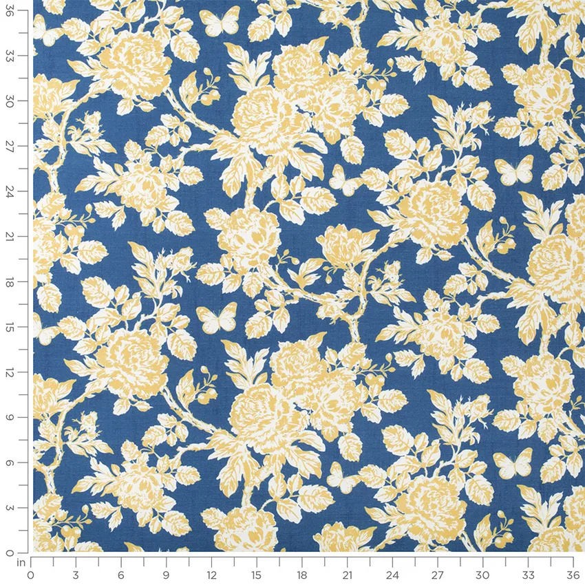 Willa Royal Blue and Gold & Yellow Floral Prints Drapery and Upholstery Fabric by the Yard — Scale in inches
