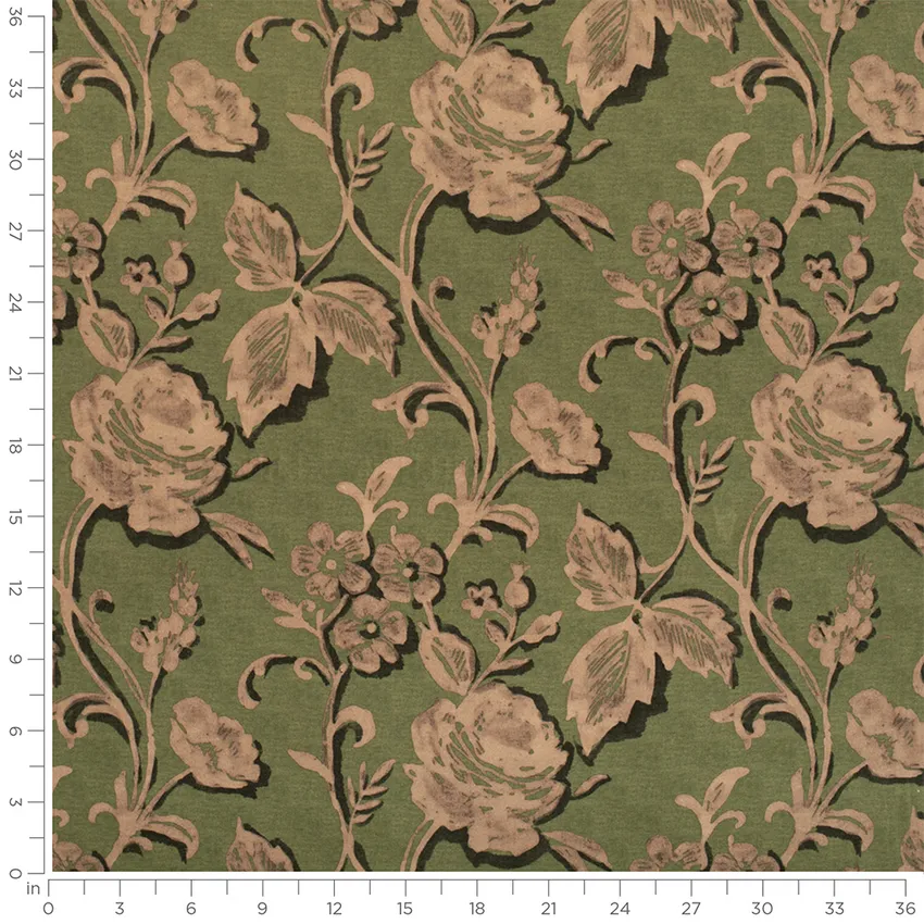 Margaret Leaf Green Floral Prints Drapery and Upholstery Fabric by the Yard — Scale in inches