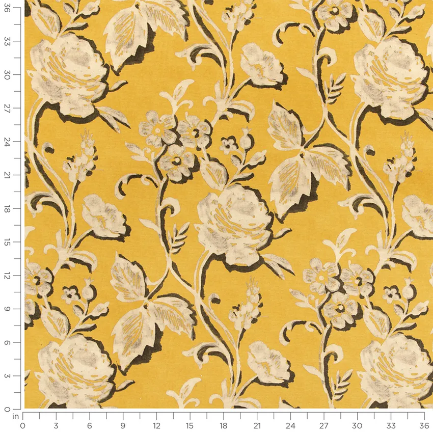 Margaret Canary Gold & Yellow Floral Prints Drapery and Upholstery Fabric by the Yard — Scale in inches