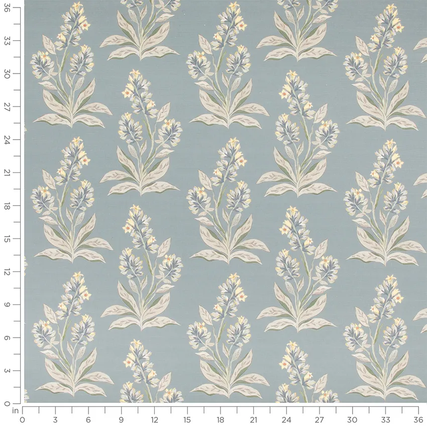 Lucille Bluebell Aqua & Teal and Blue Floral Linen & Linen Looks Drapery and Upholstery Fabric by the Yard — Scale in inches