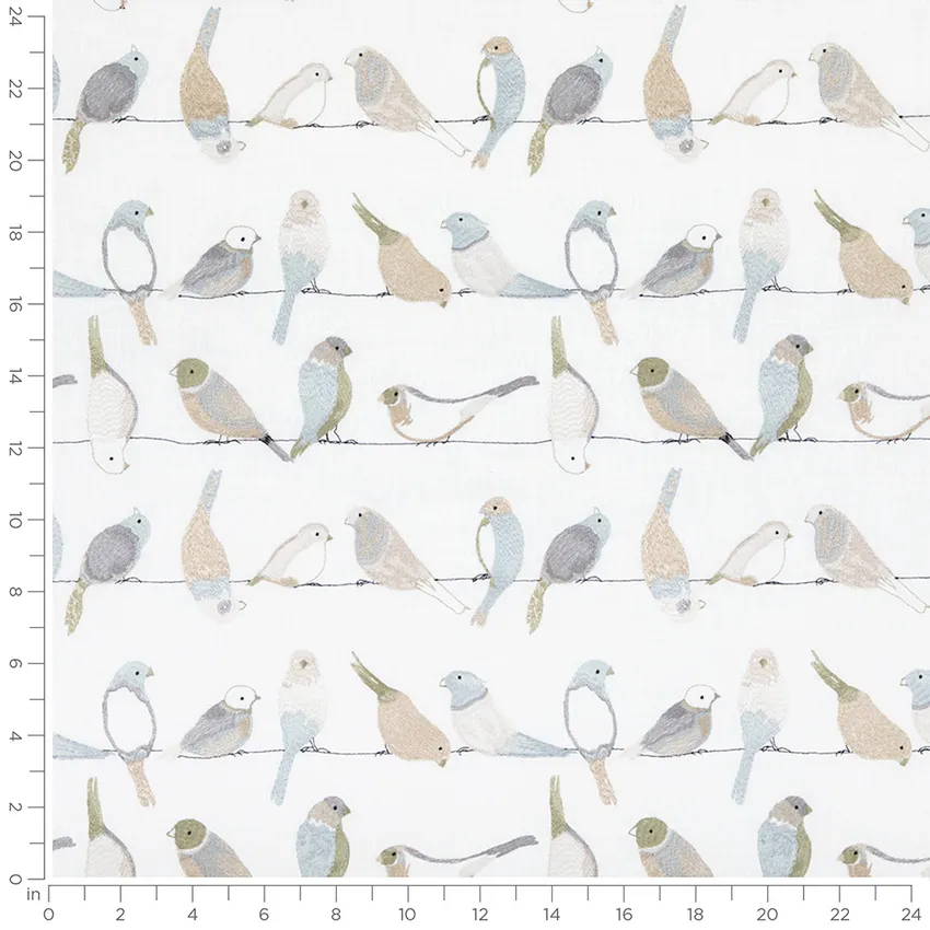 Birdie Sky Aqua & Teal and Blue Birds Embroidery Drapery and Upholstery Fabric by the Yard — Scale in inches