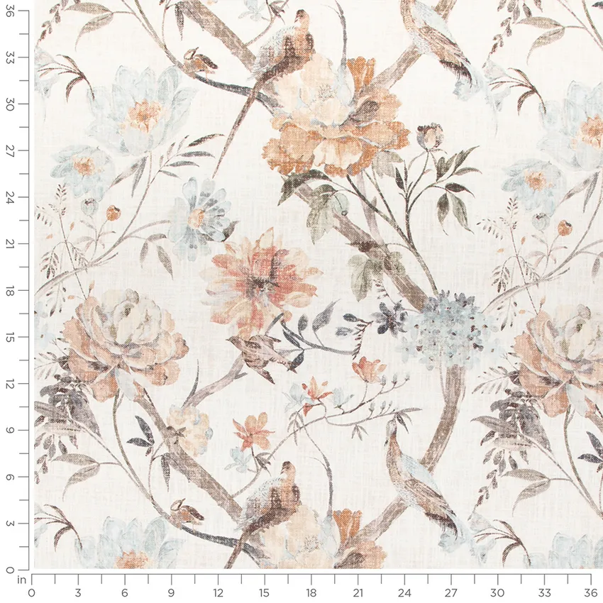 Nadine Cyan Aqua & Teal and Neutral Floral Linen & Linen Looks Drapery and Upholstery Fabric by the Yard — Scale in inches