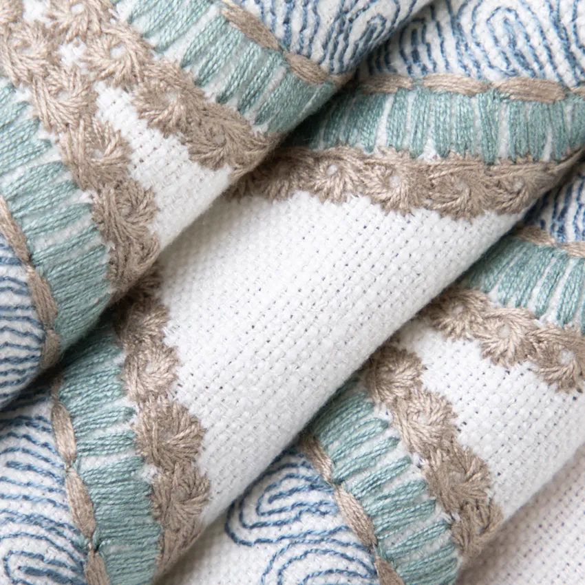 Desiree Pacific Aqua & Teal and Blue Abstract & Geometric Embroidery Drapery and Upholstery Fabric by the Yard — Upholstery and Drapery Fabric