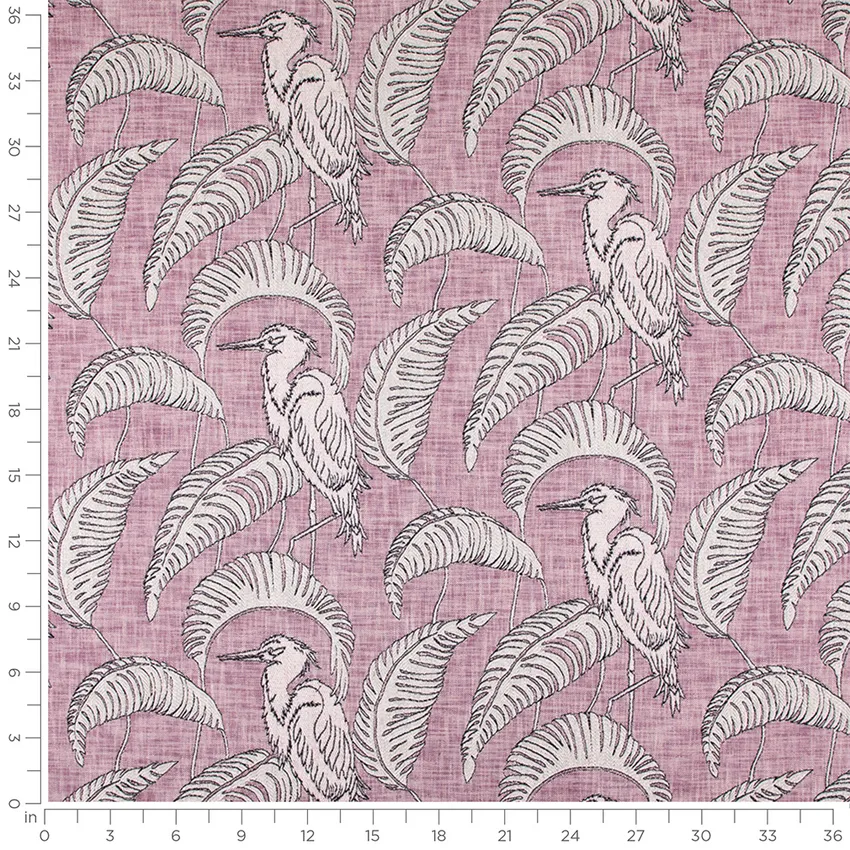 Blake Orchid Purple Birds Linen & Linen Looks Upholstery Fabric by the Yard — Scale in inches