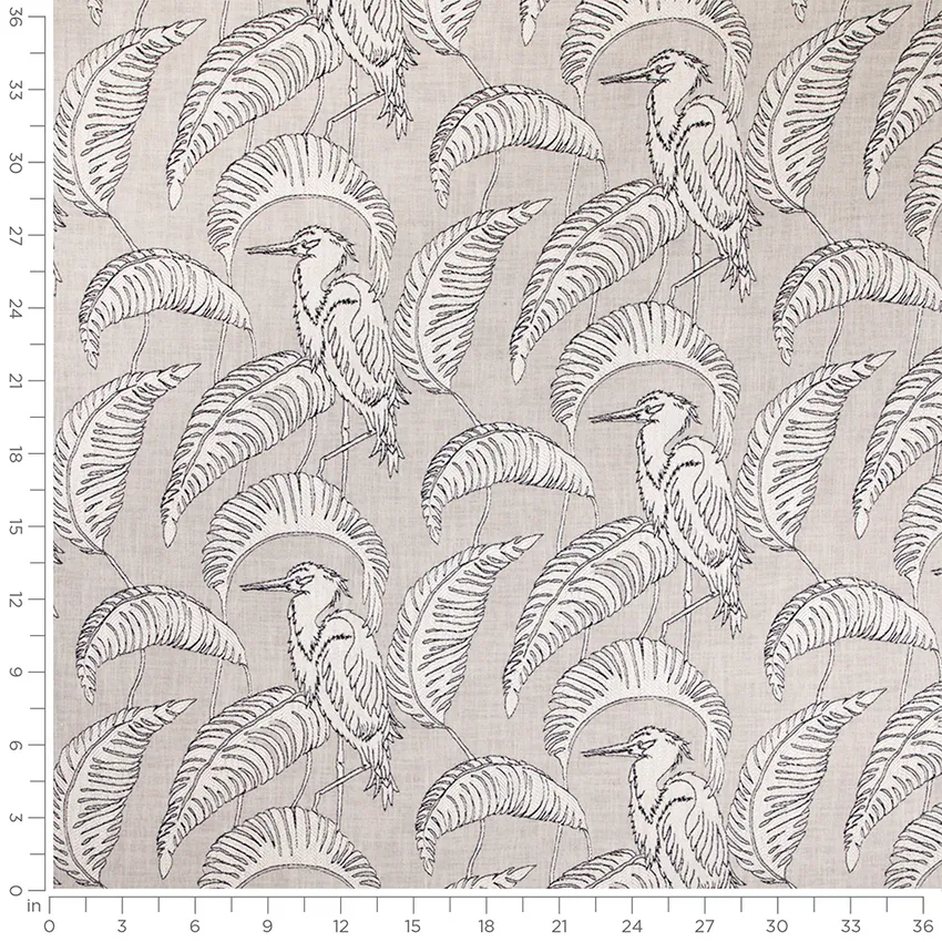Blake Peppercorn Black and Grey & Silver Birds Linen & Linen Looks Upholstery Fabric by the Yard — Scale in inches