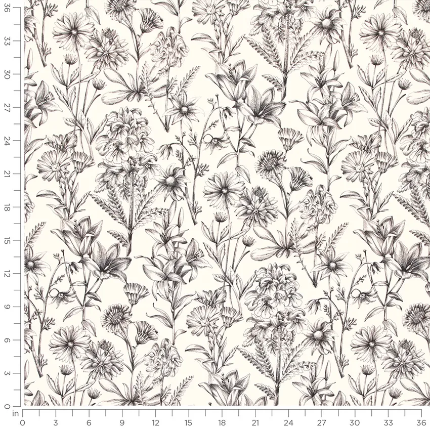 Summer Night Black Floral Linen & Linen Looks Drapery and Upholstery Fabric by the Yard — Scale in inches