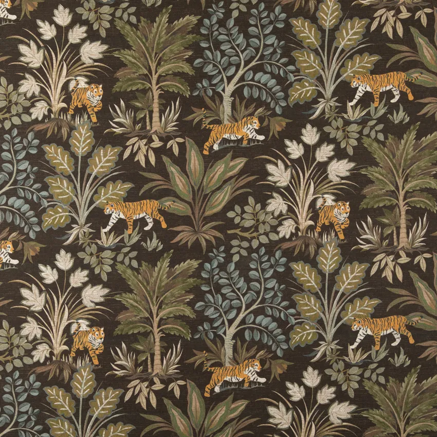 Rajah Shale Black and Green Global Linen & Linen Looks Drapery and Upholstery Fabric by the Yard